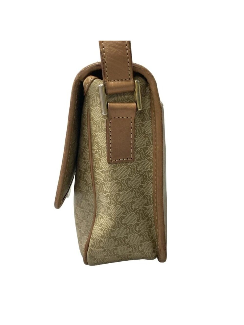 Celine Shoulder Bag Circle Logo Macadam Pattern Khaki Ivory Light Brown Leather - Picture 4 of 11